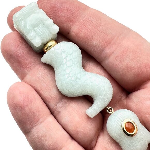 Estate Womens 14K Yellow Gold Red & Green Jade Articulated Asian Dragon Pendant - Picture 4 of 6